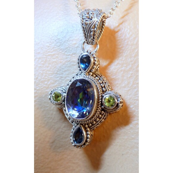 SARDA Bali Signed Sterling Silver Mystic Topaz-Peridot-London Topaz Pendant - Picture 12 of 12